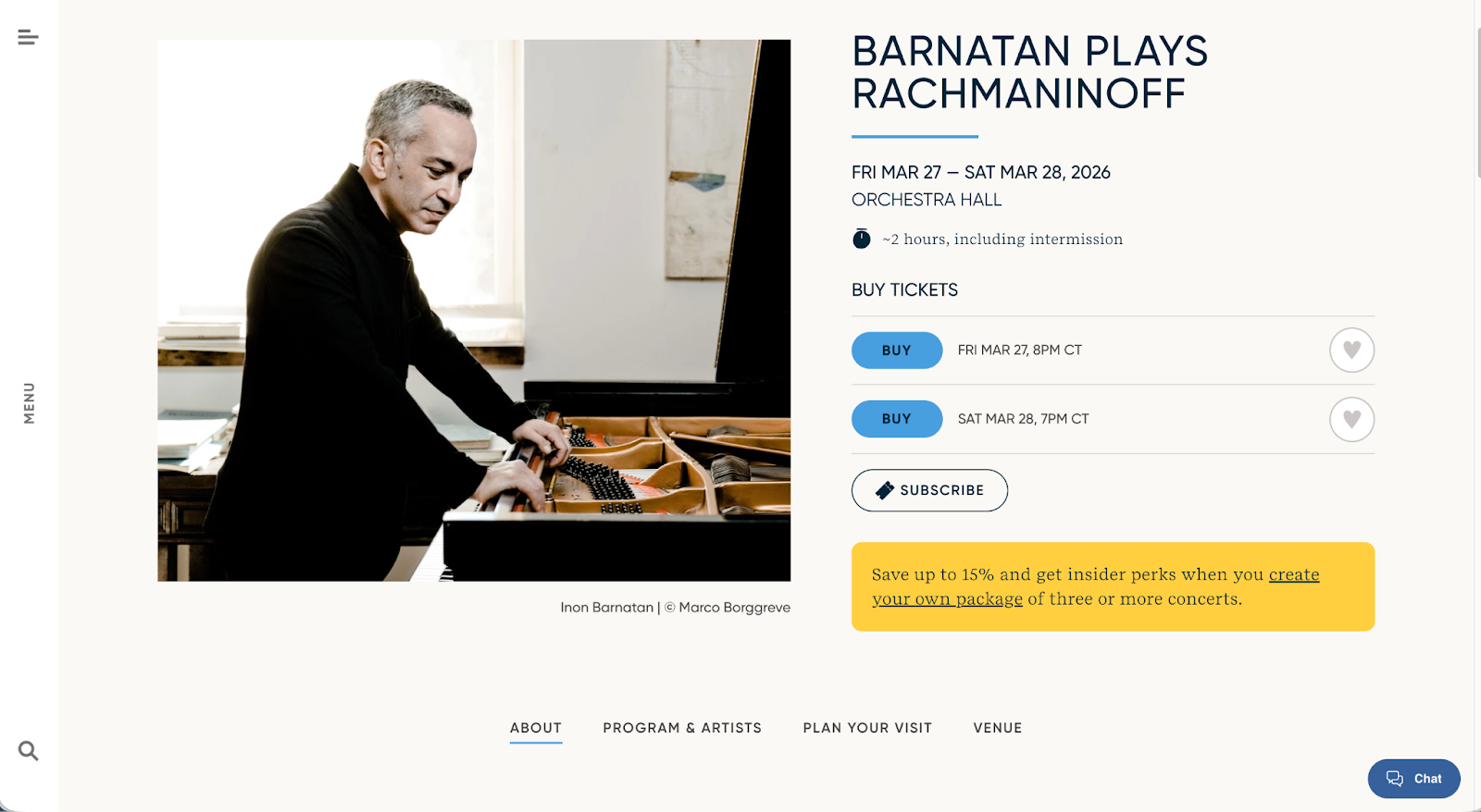 Minnesota Orchestra new event page with buy tickets buttons prominently placed at the top