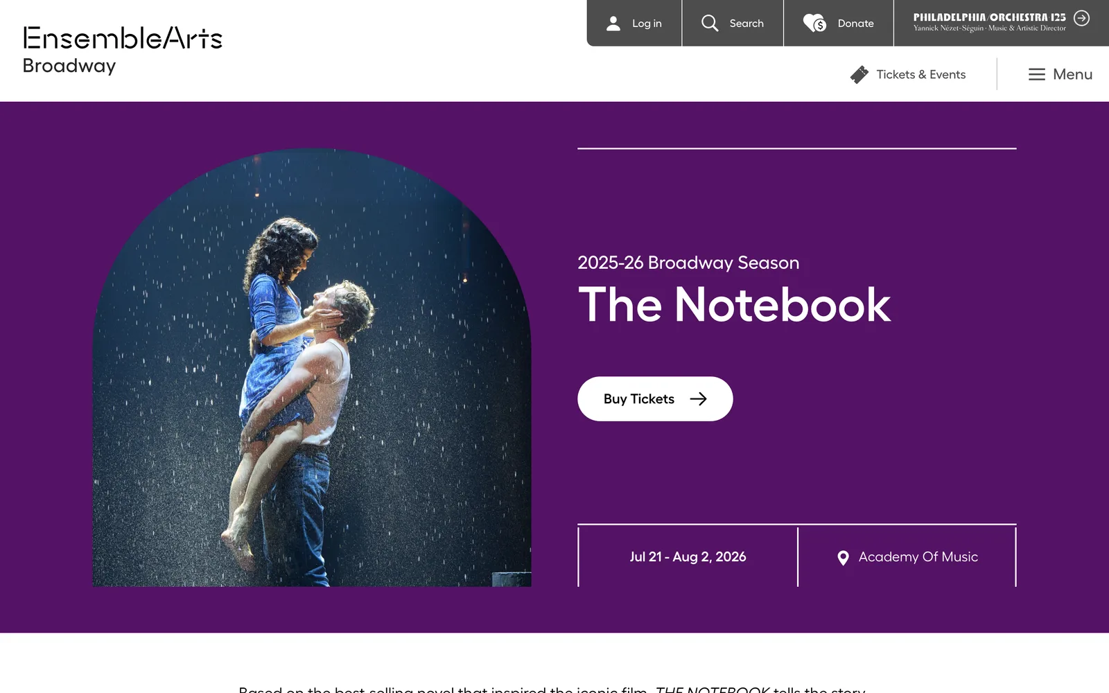Ensemble Arts Philly Broadway Series page for The Notebook, a deep purple field with an arched image crop.