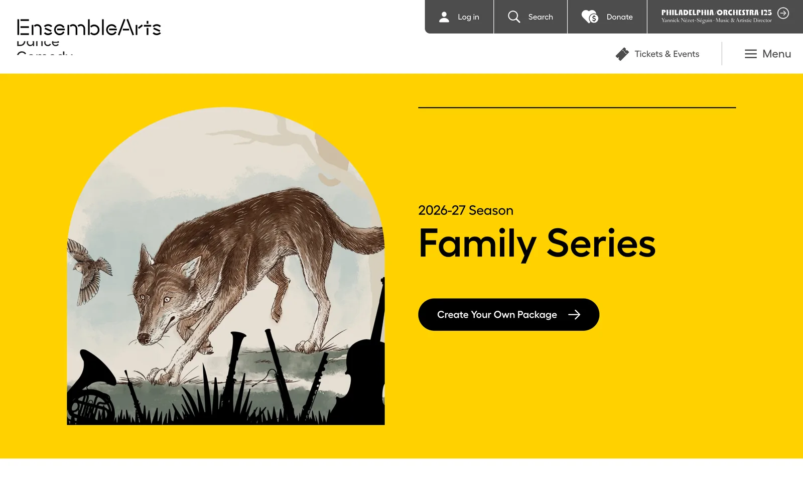 Ensemble Arts Philly Family Series page in bright yellow — the same layout system carrying a completely different color.