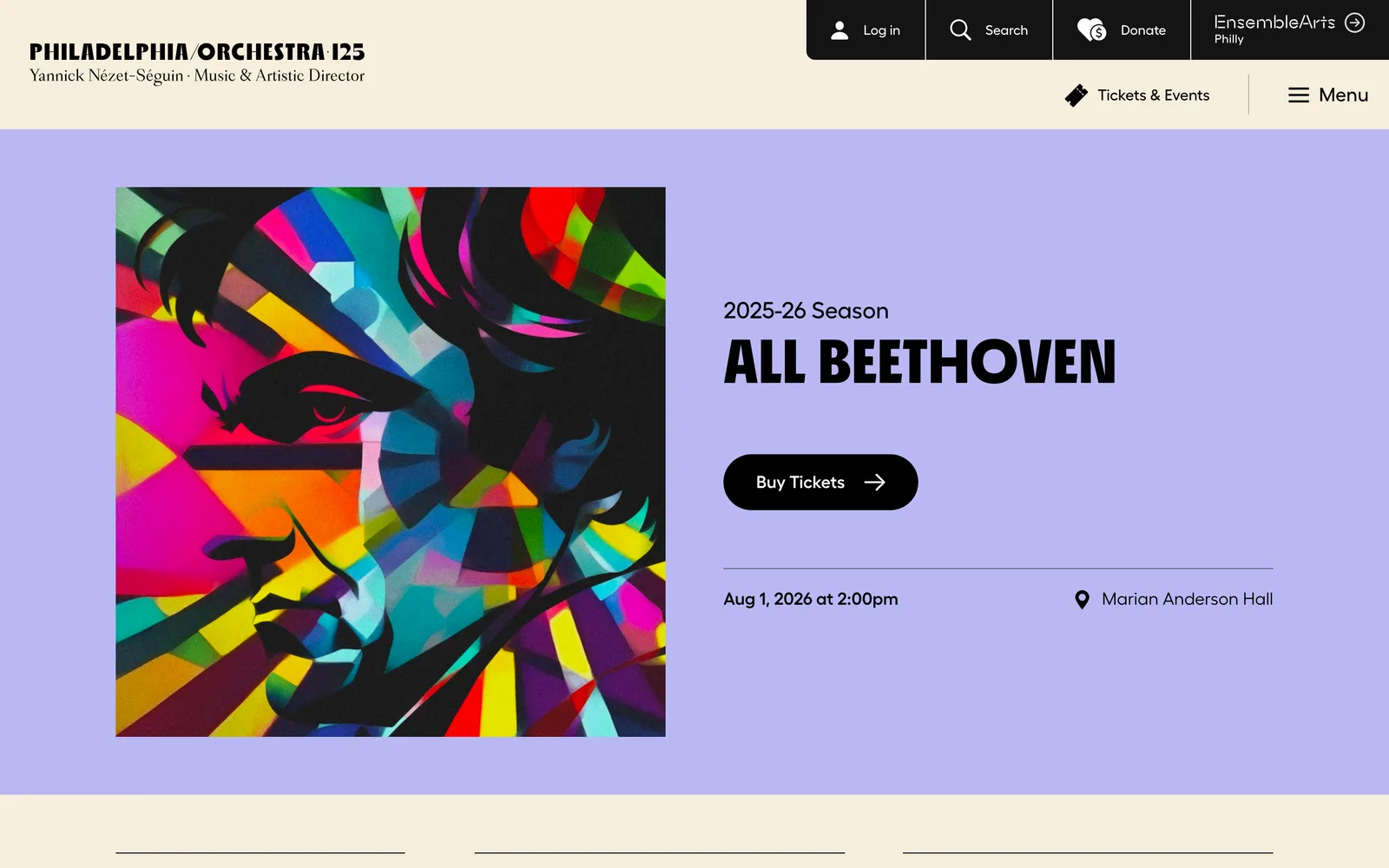 The Philadelphia Orchestra All Beethoven page, featuring the colorful geometric 125 anniversary artwork.