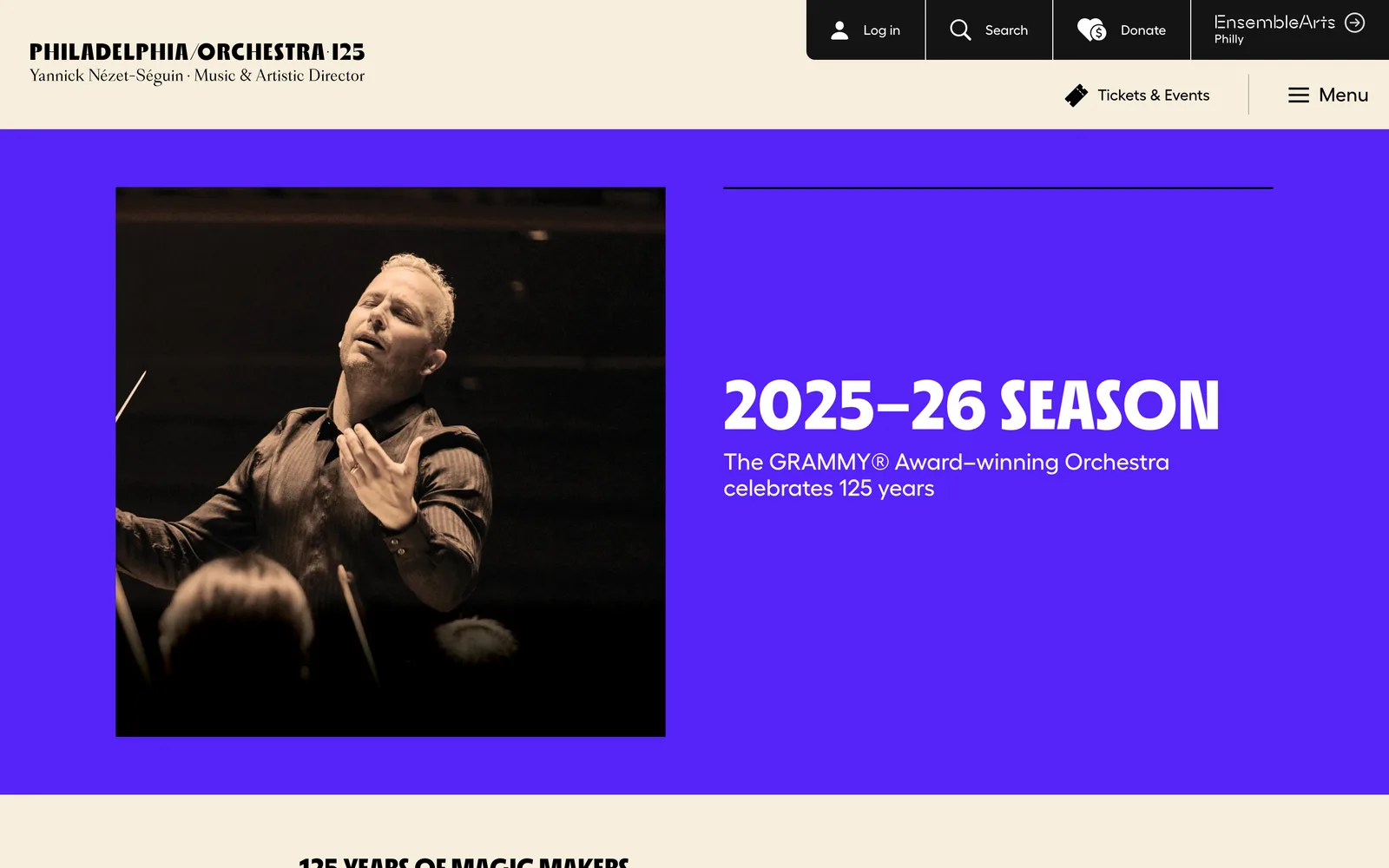 The Philadelphia Orchestra 2025–26 season page, with a serif wordmark, cream header and a restrained editorial layout.