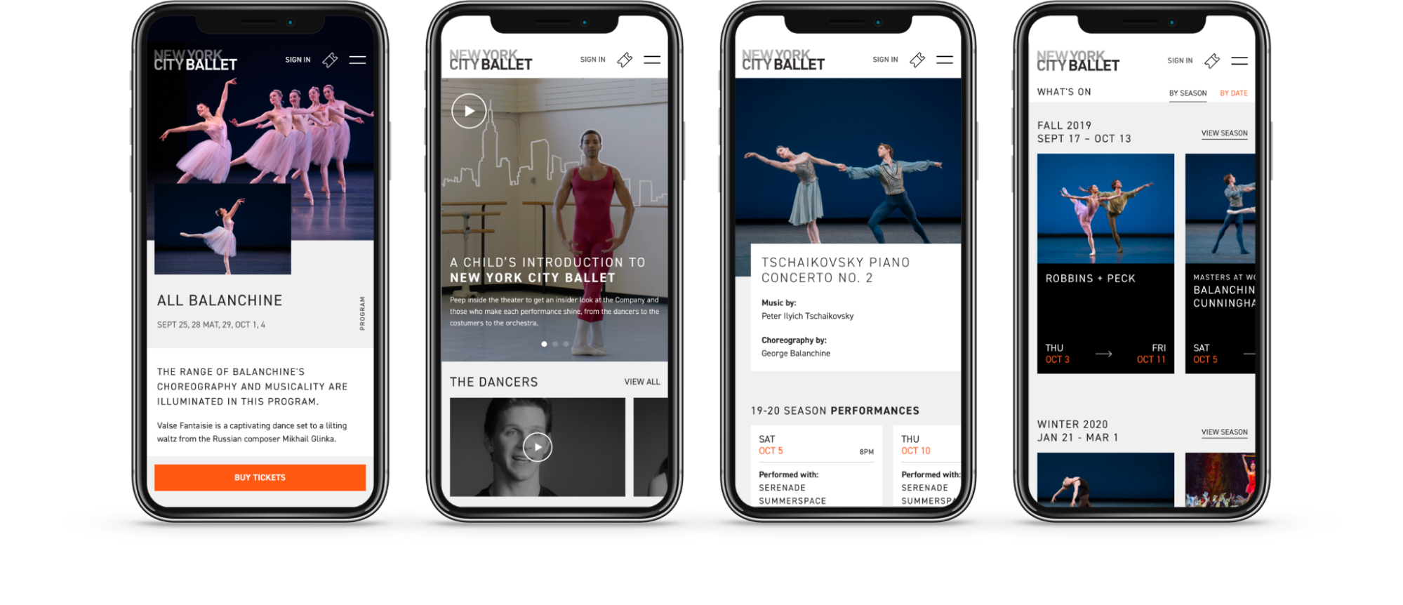 Sitio web del New York City Ballet en escritorio y dispositivos móviles